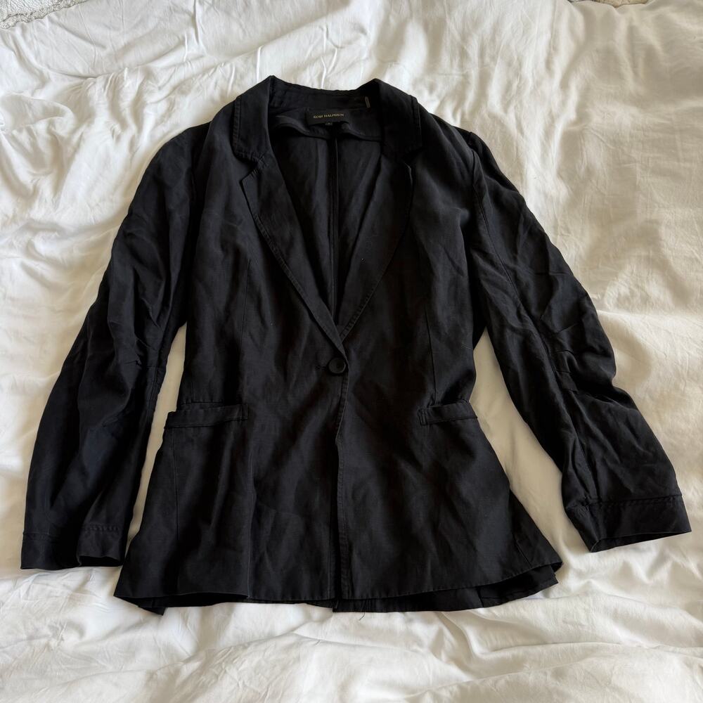 Kobi Halperin Jacket Womens Large Linen Blend Black Ruched Sleeve Blazer